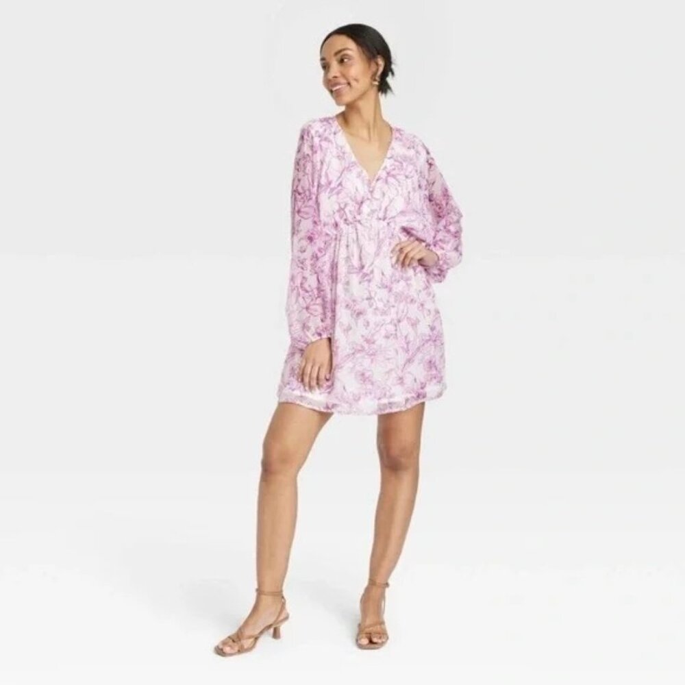 NEW A New Day Balloon Long Sleeve Mini Dress - Cream/Purple Floral - Size XS